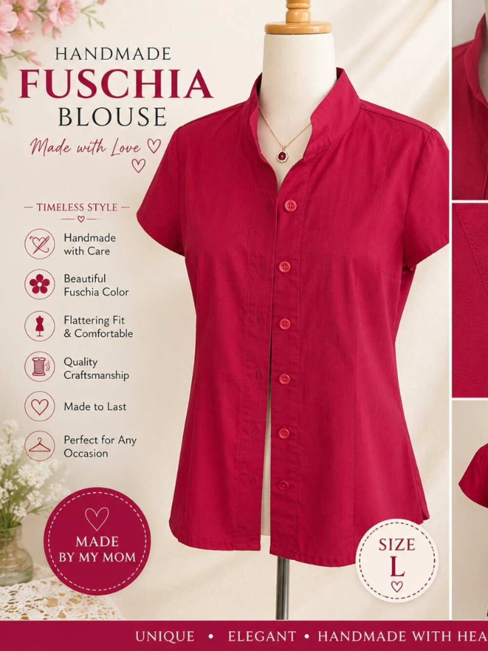 Handmade Women's Fuchsia Button-Up Blouse Size L | Tailored Short Sleeve Custom